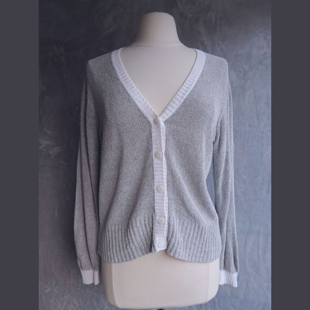 HUBERT GASSER Gray & White Open Knit Cardigan Size S Preppy Silk Blend V-Neck